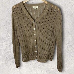 Vintage CDG 100% Linen Tan Knit‎ Cardigan Sweater Cutout Lightweight Hong Kong L